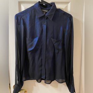 Bebe blue button front shirt sheer sheen shiny long sleeve metallic XSmall